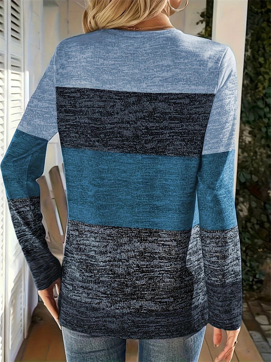 Plus Size Women's Casual Contrast Color V Neck Long Sleeve T-Shirts