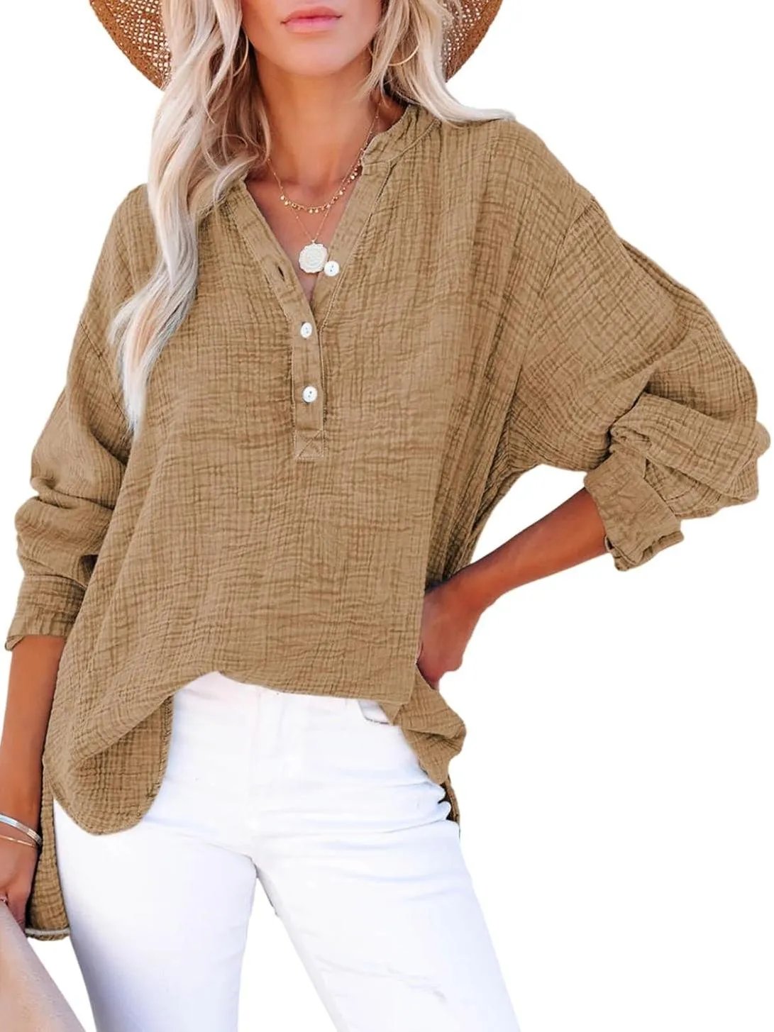 🔥Best-1 Tops 2025🔥Women Casual Button V Neck Long Sleeve Shirts Oversized Solid Blouses Tops
