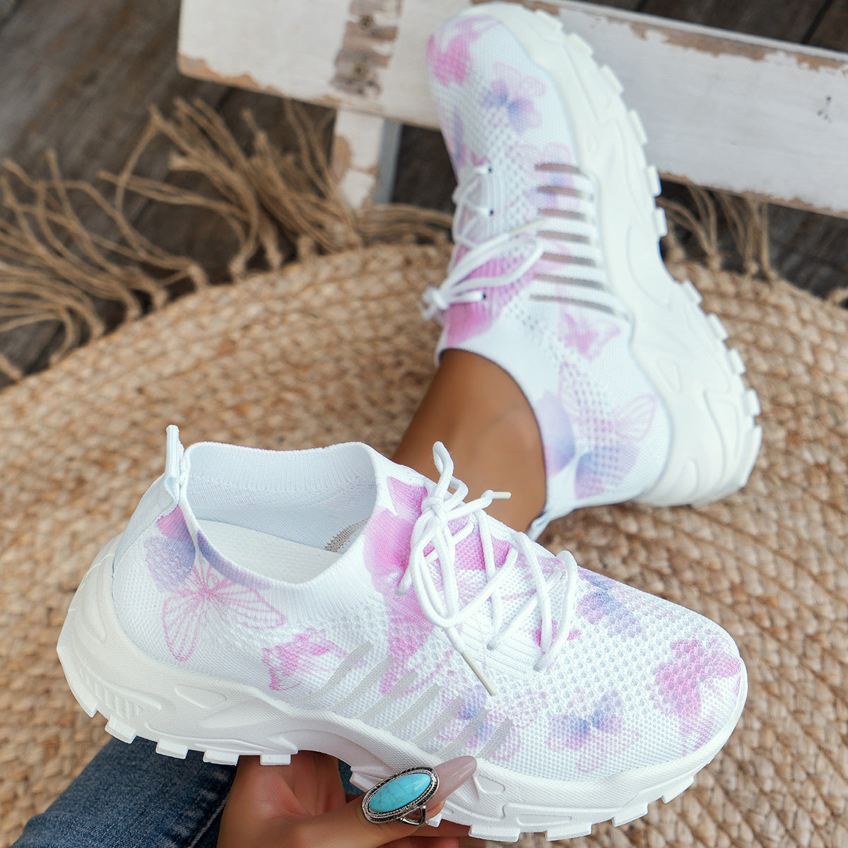 🧚‍♂️Butterfly Print Mesh Sneakers Women's Flat Heel Casual Shoes Fashion Running Jogging Walking Sports Shoes
