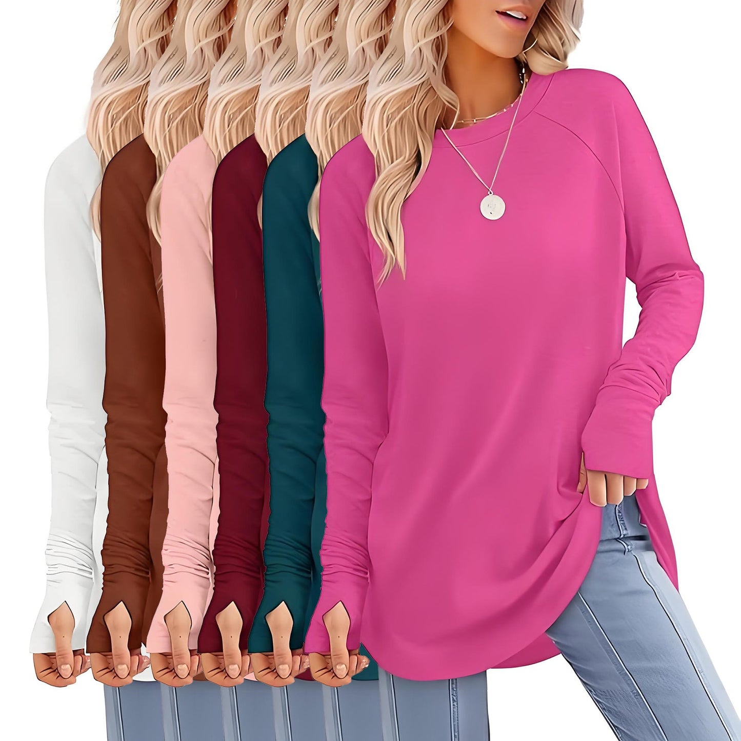 ✨Best-1 Sale Tops Fall 2025✨Womens Tunic Tops to Wear with Leggings Long Sleeve Thumb Hole Shirts Crew Neck Curved Hem