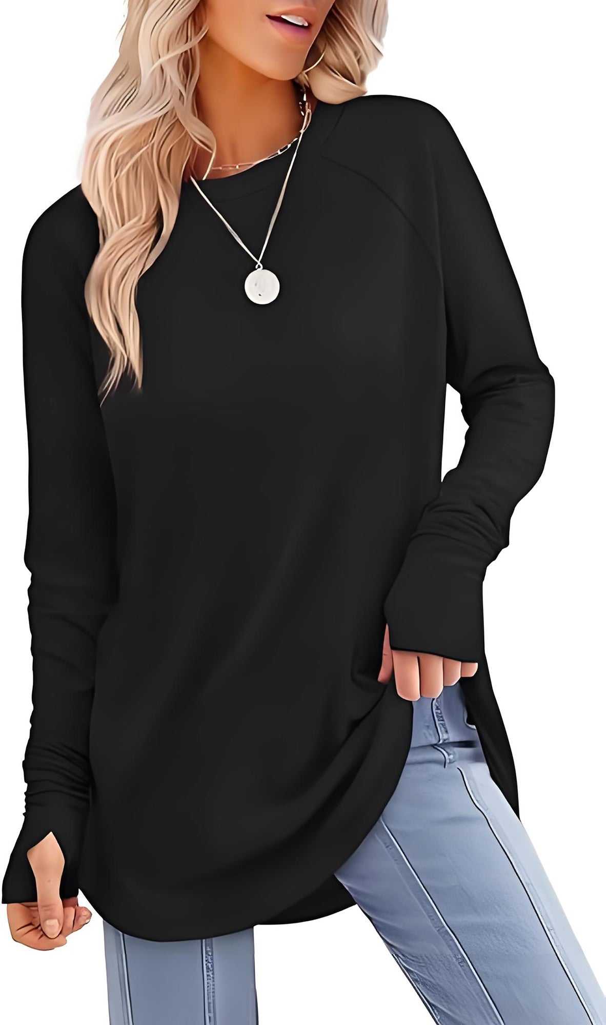 ✨Best-1 Sale Tops Fall 2025✨Womens Tunic Tops to Wear with Leggings Long Sleeve Thumb Hole Shirts Crew Neck Curved Hem