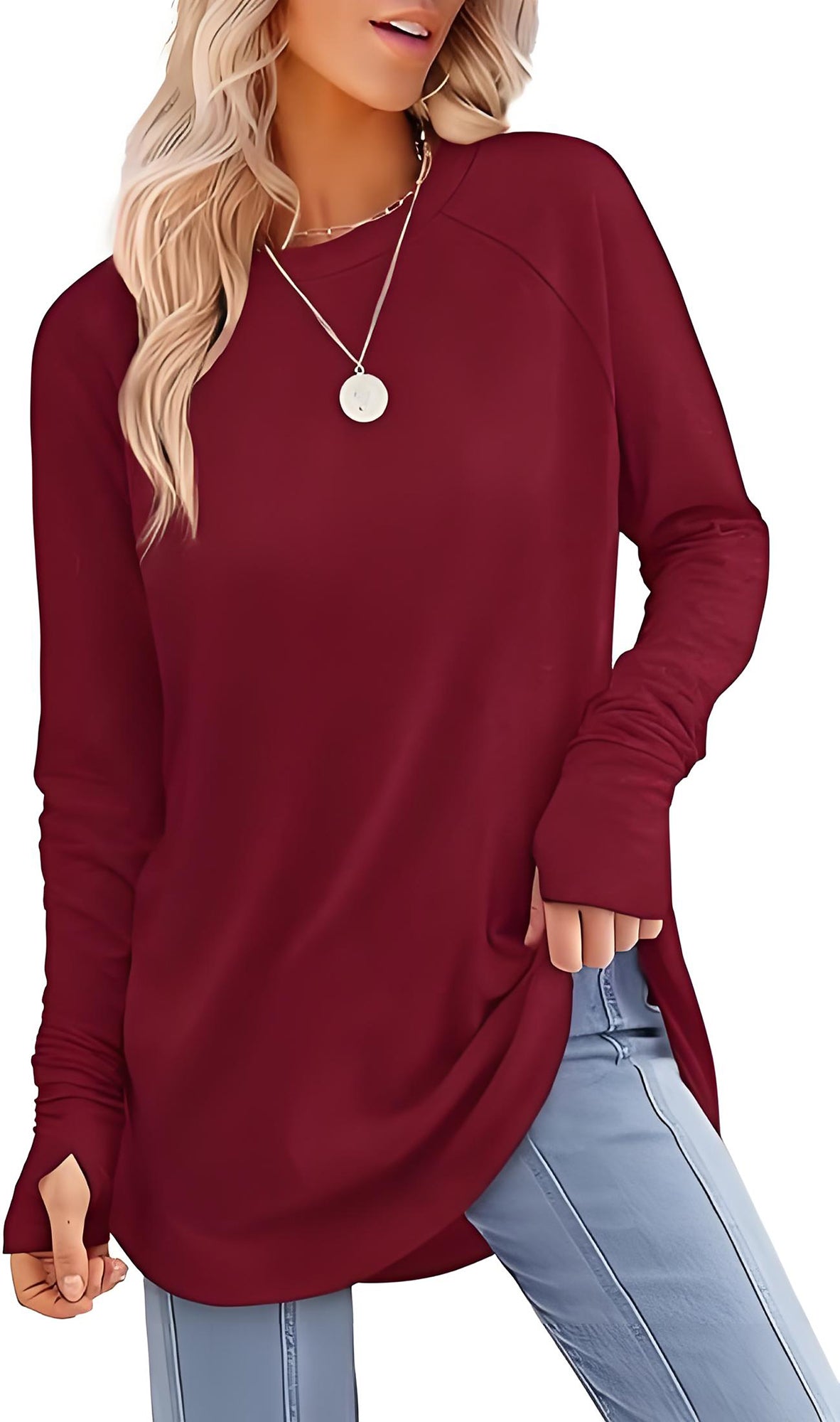 ✨Best-1 Sale Tops Fall 2025✨Womens Tunic Tops to Wear with Leggings Long Sleeve Thumb Hole Shirts Crew Neck Curved Hem
