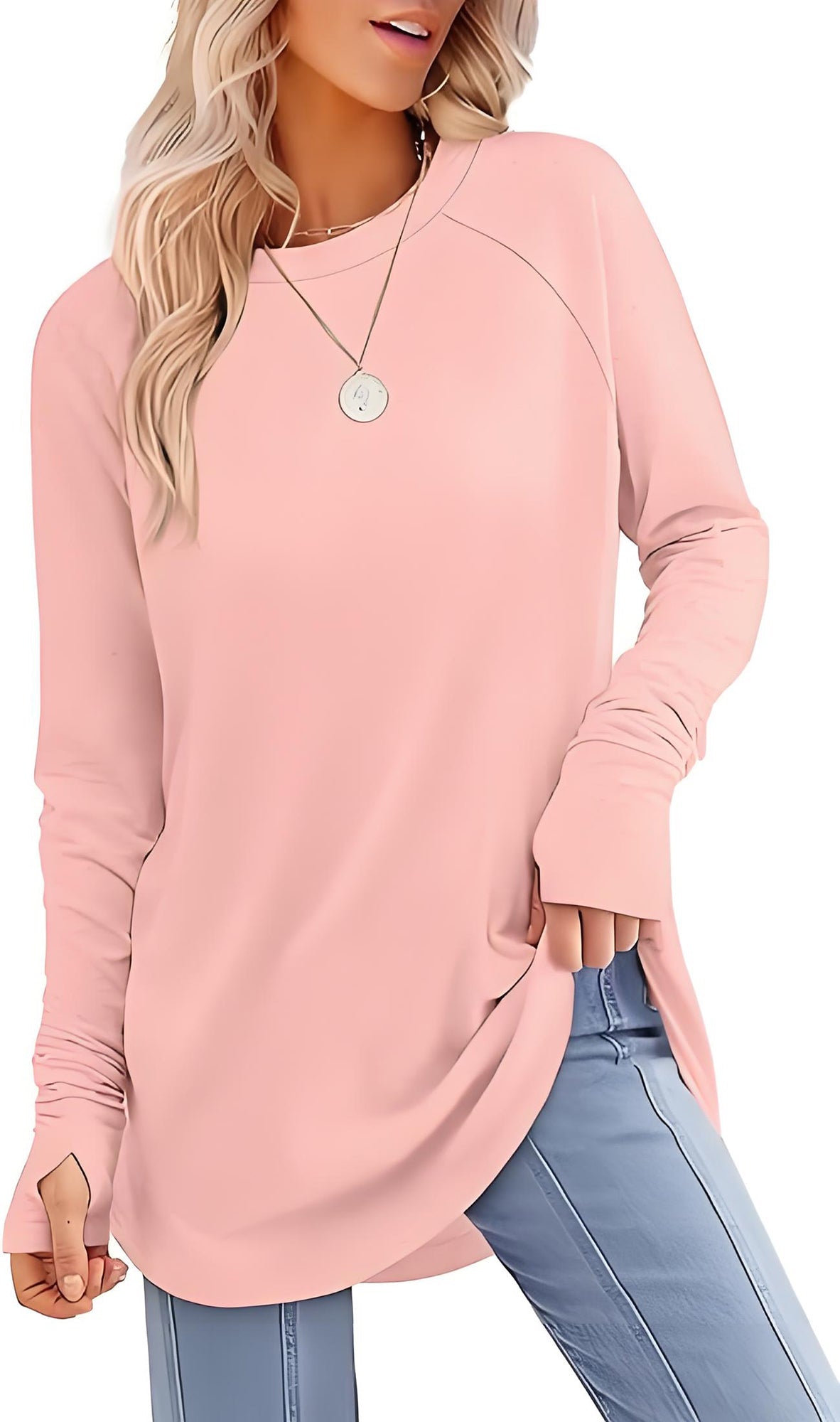 ✨Best-1 Sale Tops Fall 2025✨Womens Tunic Tops to Wear with Leggings Long Sleeve Thumb Hole Shirts Crew Neck Curved Hem