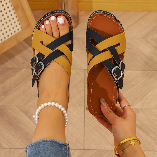 ✨Women Buckle Cross Belt Colorblock Wedge Sandals