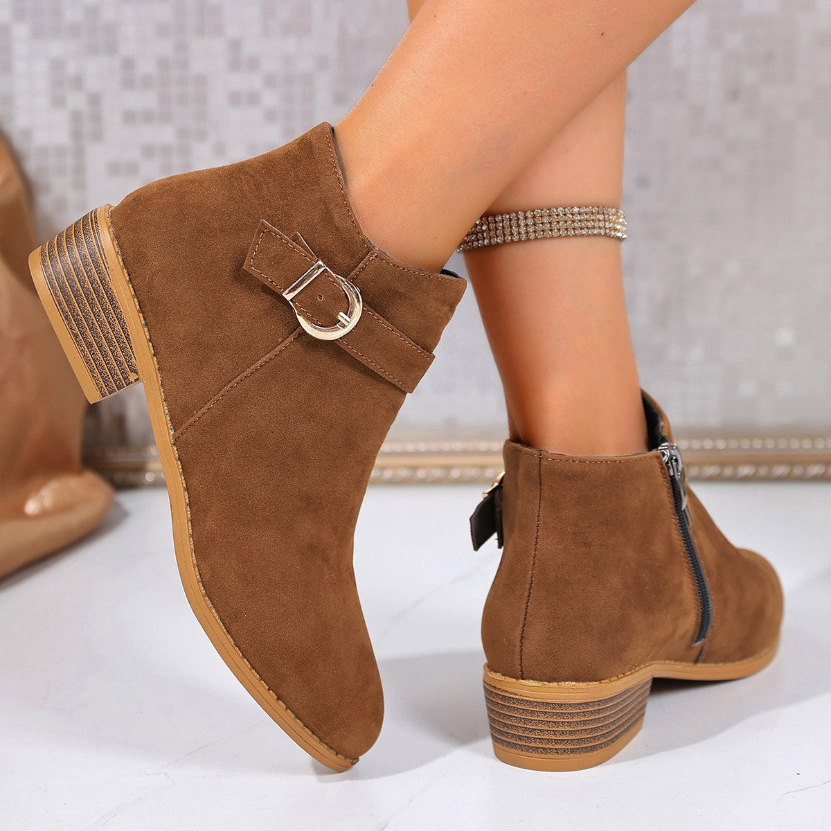 ✨Best-1 Sale Boots✨|Women's Slip-On Ankle Boots with Buckle Strap Detail