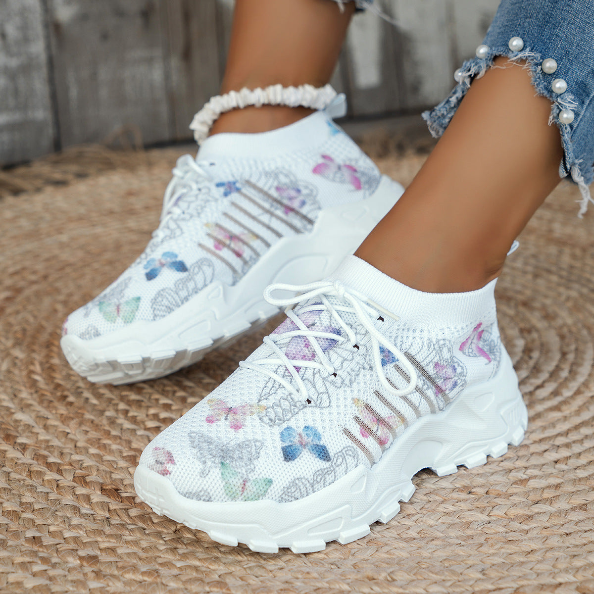 🧚‍♂️Butterfly Print Mesh Sneakers Women's Flat Heel Casual Shoes Fashion Running Jogging Walking Sports Shoes